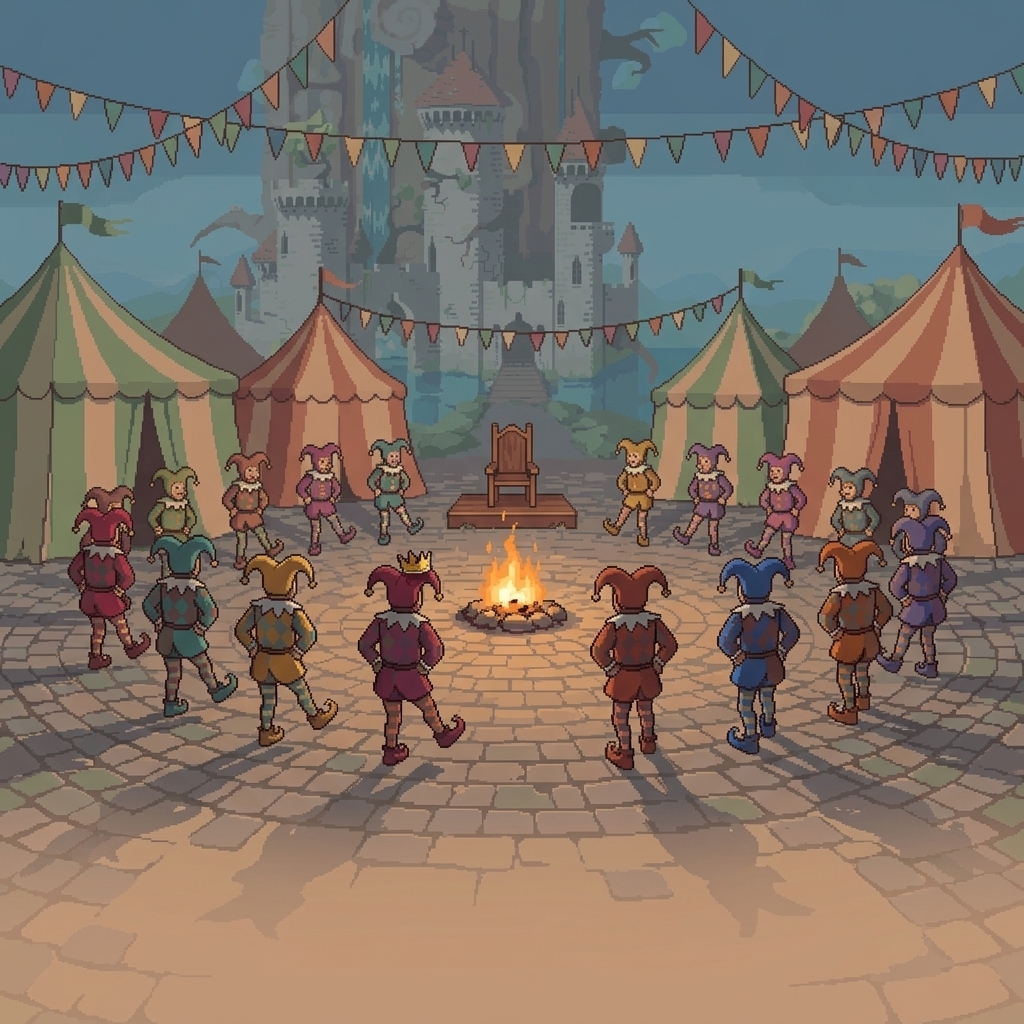 A ring of jesters in harlequin motley stands around a campfire at a medieval fair at dusk — striped tents, pennant banners, a castle looming behind, and one empty wooden throne waiting.
